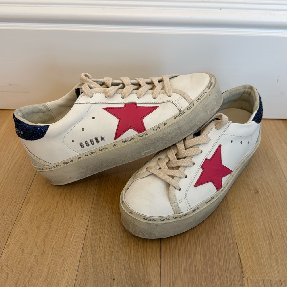 Golden Goose Hi Star Leather, Glitter Heel, Pink Leather Star, size 35